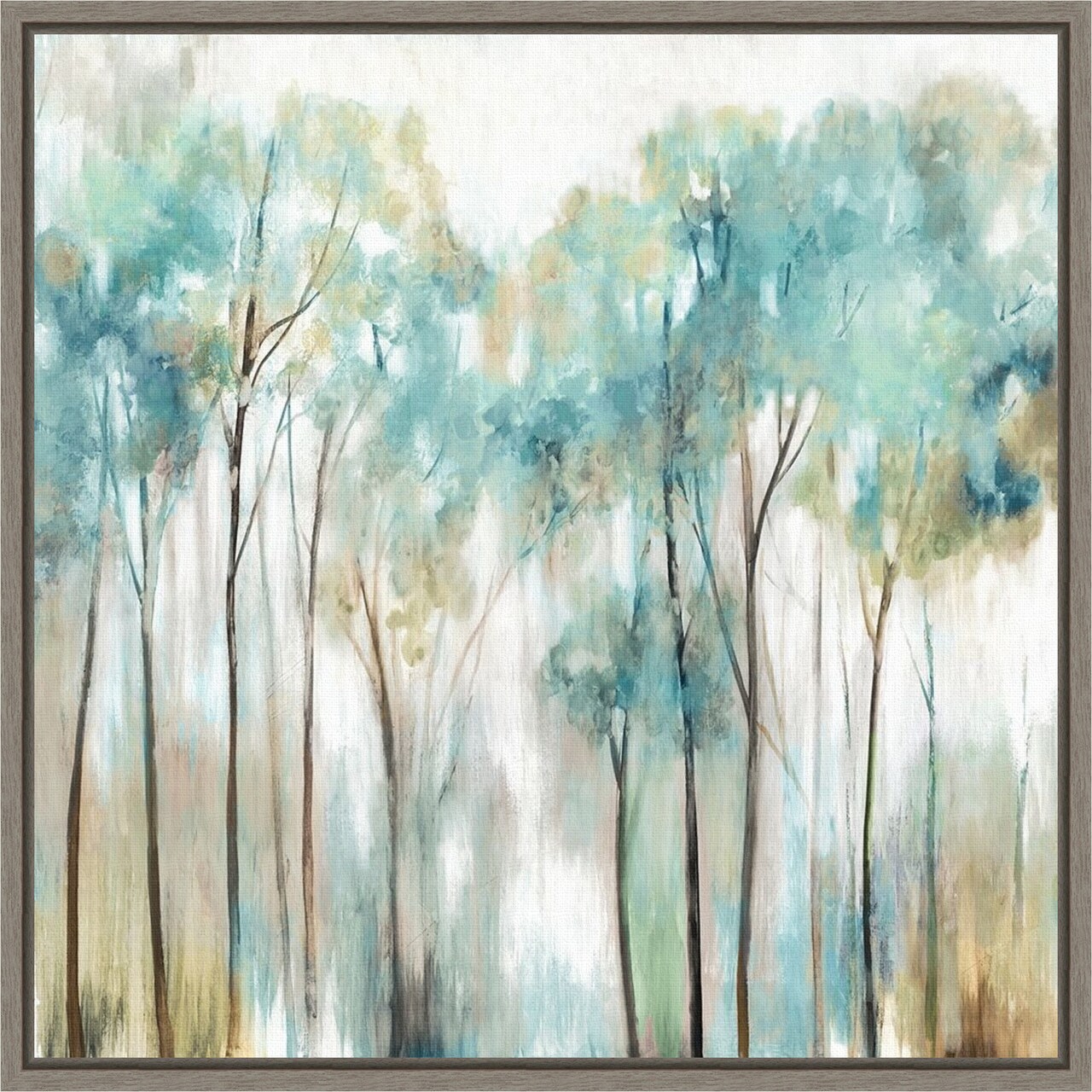 Grace Land Teal Trees by Allison Pearce 16-in. W x 16-in. H. Canvas Wall Art Print Framed in Grey